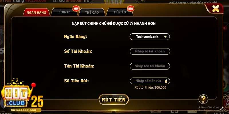 Rút tiền HitClub thông qua ngân hàng